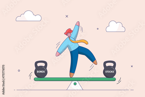 Stocks vs bonds in investment asset allocation. Risk assessment portfolio or expected return in long term mutual funds, pension fund concept, businessman investor balance on stocks and bonds seesaw.