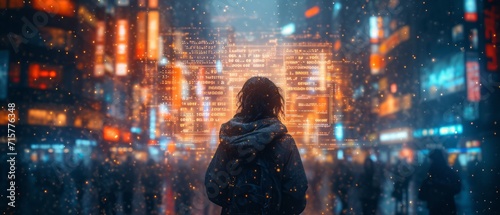 People in the city interact with digital screens in an overlay view. People looking at holographic digital display future technology and living in a big city ,generative ai