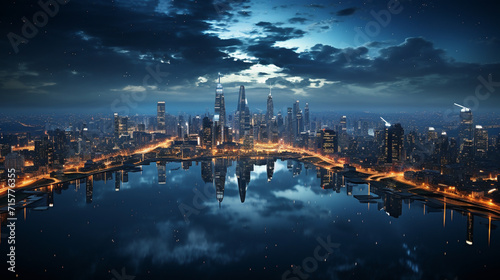 Futuristic technology city background banner with modern high-rise buildings blue sky