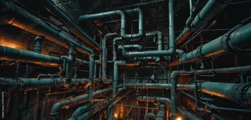 a large group of pipes that are connected to each other in a room with dark walls and green pipes on either side of the pipes, and a yellow light at the end of the end of the pipe. a large group of pipes that are connected to each other in a room with dark walls and green pipes on either side of the pipes, and a yellow light at the end of the end of the pipe.