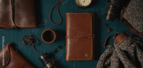  the contents of a leather wallet laid out on a blue surface next to a pair of glasses, a camera, a wallet, a watch, and a pair of gloves.