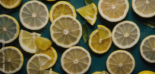  a group of sliced lemons sitting on top of a blue counter top next to a leafy green leafy green leafy green leafy plant in the middle of the top of the top of the picture.