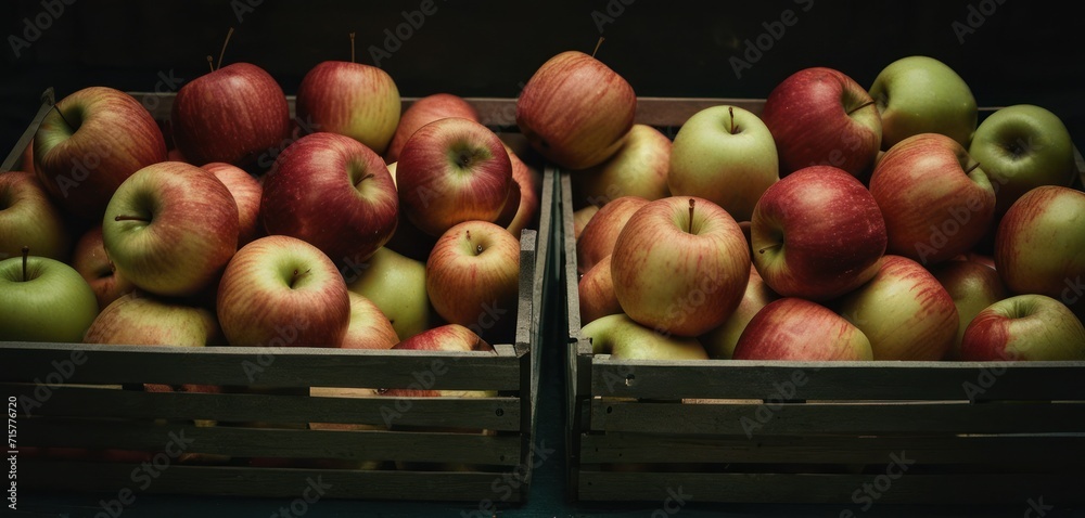 a crate full of red and green apples in it's wooden bins on a table in front of another crate of green and red apples in the background. a crate full of red and green apples in it's wooden bins on a table in front of another crate of green and red apples in the background.