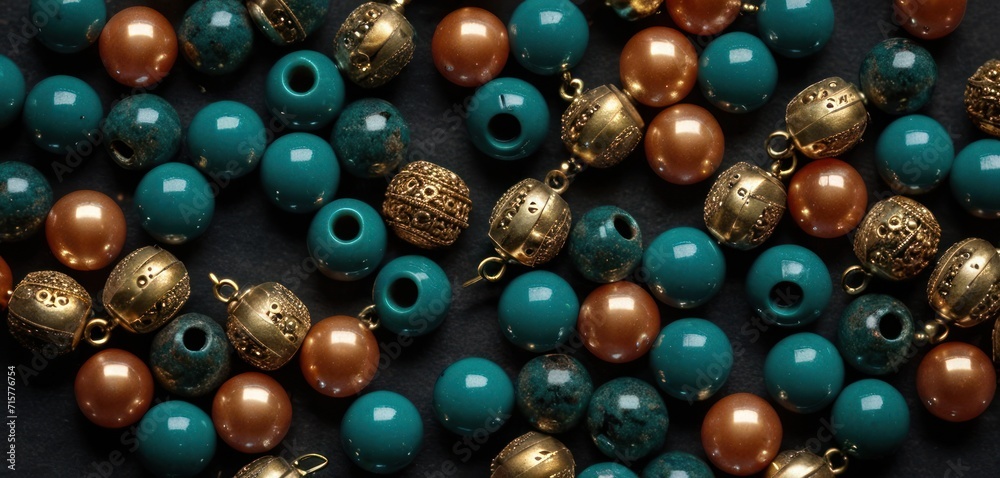  a close up of a bunch of beads with gold and blue beads on a black surface with other beads on the bottom half of the bead and bottom half of the bead of the bead.