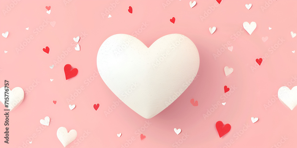Valentine's Day, big white heart in the center of the composition, pale pink background with small white and red hearts, banner, copy space