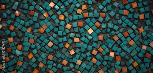  a close up of a wall made up of small squares of blue  orange  and brown tiles with a pattern of smaller squares on each side of the wall.
