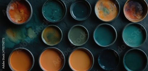  a bunch of cups that have different colors of paint in them on top of a table with one cup in the middle of the cup and one in the middle of the cup.