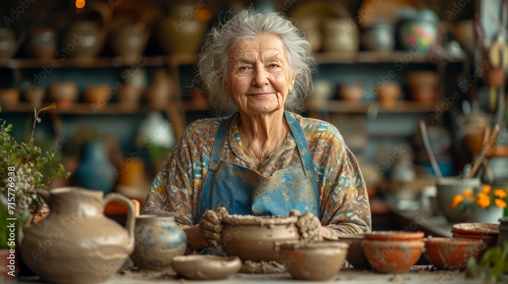 Senior woman kneading clay in bowl shape at the workshop, generative ai Senior woman kneading clay in bowl shape at the workshop, generative ai