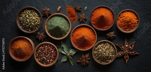  a group of bowls filled with different types of spices on top of a black table next to an orange, red, green, and black peppercoron spice. © Jevjenijs