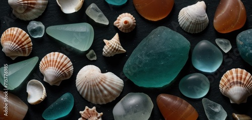  a collection of sea glass and seashells on a black surface, including a starfish, a sea urchin, and a heart shaped sea urchin. photo