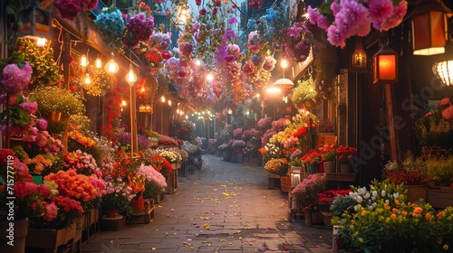 Rustic local flower market two side of the road with a big copy space, Generative AI. photo