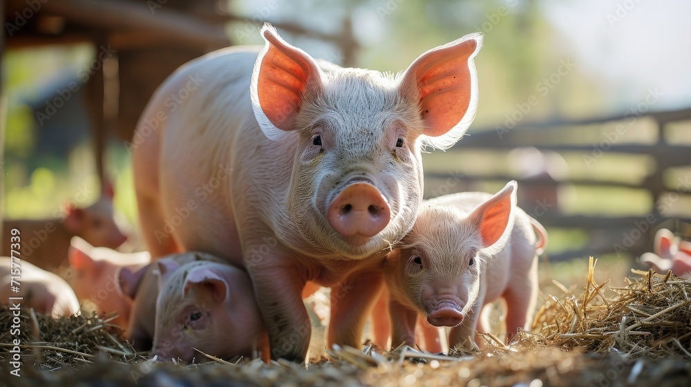 Sow with piglets in farm Generative AI Sow with piglets in farm Generative AI