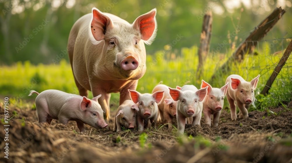 Sow with piglets in farm Generative AI Sow with piglets in farm Generative AI