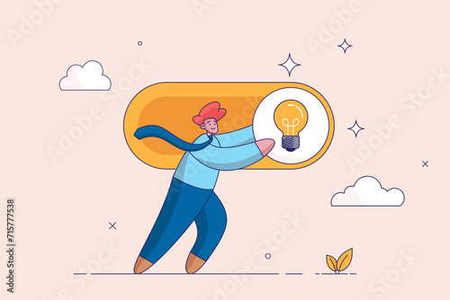 Turn on new idea concept. Toggle lightbulb idea invention, unlock or active, businessman push toggle switch to turn on idea. Solution or innovation to solve problem. Enable knowledge or creativity.