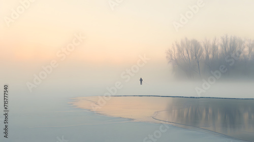 Peaceful frozen lake: A lone figure ice fishing at sunrise