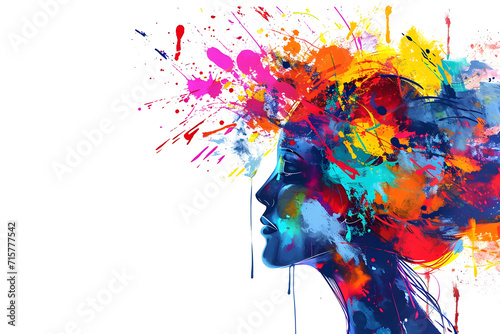 A painted woman, colorful ilustration . Woman head in paint splatter style on white background. Concept mindfulness and self care. Copy paste. 