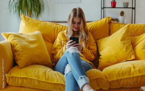 Teen girl sitting at home on the yellow couch communicates in a mobile application.