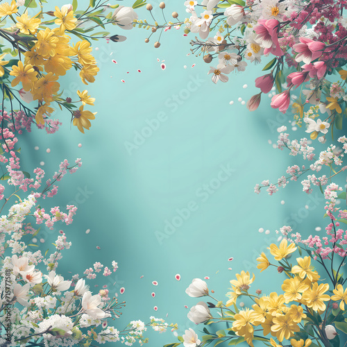 Spring and Summer seasonal flowers frame with copy-space for text for social media advertisement post. Beautiful realistic colorful floral frame with petal in cool color tone on blue background.