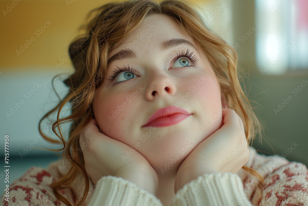 Inclusive Classroom Serenity: Charming 12-Year-Old Plus-Size Teenager Rests in Thought with Blond Hair Inclusive Classroom Serenity: Charming 12-Year-Old Plus-Size Teenager Rests in Thought with Blond Hair