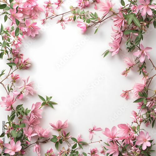 Spring and Summer seasonal flowers frame with copy-space for text for social media advertisement post. Beautiful realistic pink floral frame with petal in warm color tone on white background. © Kanlayarawit