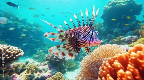 Lionfish. Beautiful lionfish swimming in a coral reef. Closeup of a big striped lionfish near a colorful coral reef. AI generated image of a bright lionfish fish swimming in the ocean.