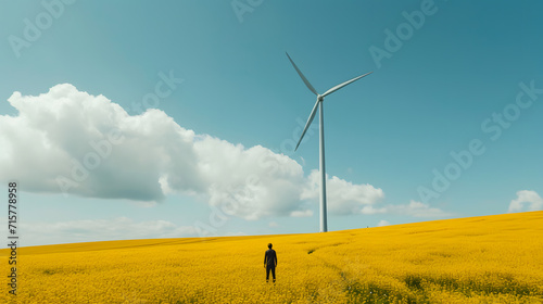 Scale of Eco-Consciousness: Wind Turbines and a Dwarfed Figure in a Field of Yellow
