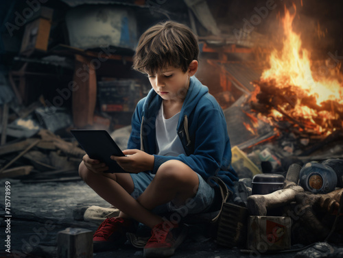 Niño de la generación Z con adicción a las pantallas y a las Redes sociales enganchado a la tecnología © julio