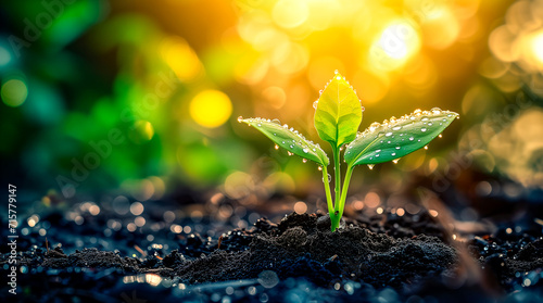 Young sprouts with dewdrops, reaching for sunlight from the fresh earth.