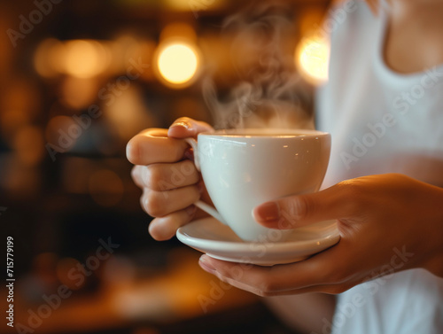 Woman enjoying a hot cup of coffee at a cafe table on a white background