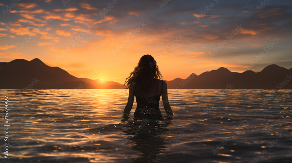 Mujer bñándose en un lago rodeado por montañas al atardecer, paisaje mágico, libertad