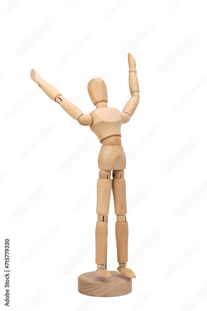 Wooden figure of a man isolated on white background. Wooden mannequin raising hands. Happiness concept. Wooden figure of a man isolated on white background. Wooden mannequin raising hands. Happiness concept.