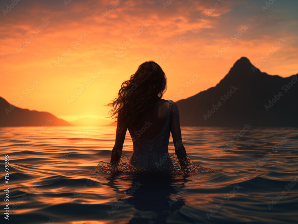 Mujer bñándose en un lago rodeado por montañas al atardecer, paisaje mágico, libertad