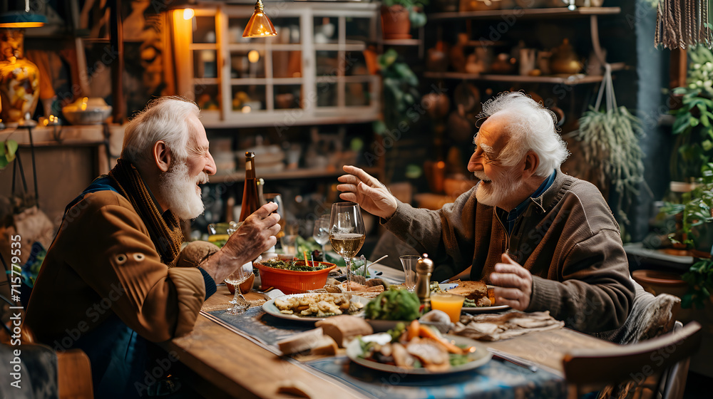 Indoor Family Life: Seniors Enjoying Dinner Together Indoor Family Life: Seniors Enjoying Dinner Together