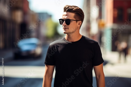 Casual young man in black tee. Shirt mockup. Young male model.