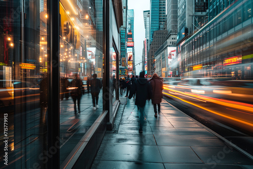 Blurry image capturing a group of people in motion on a city sidewalk during the early morning hours.