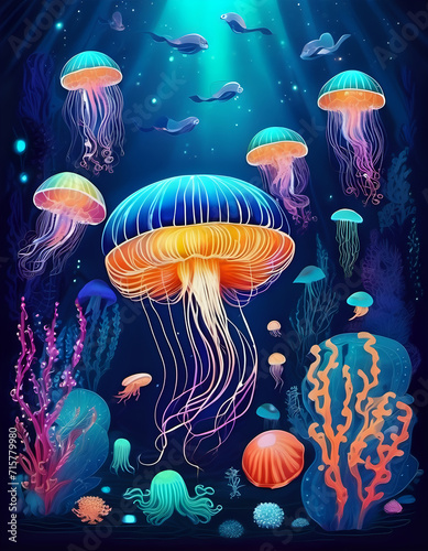 A surreal underwater world with bioluminescent creatures and floating jellyfish, phosphorescent, deep-sea. AI Generativ