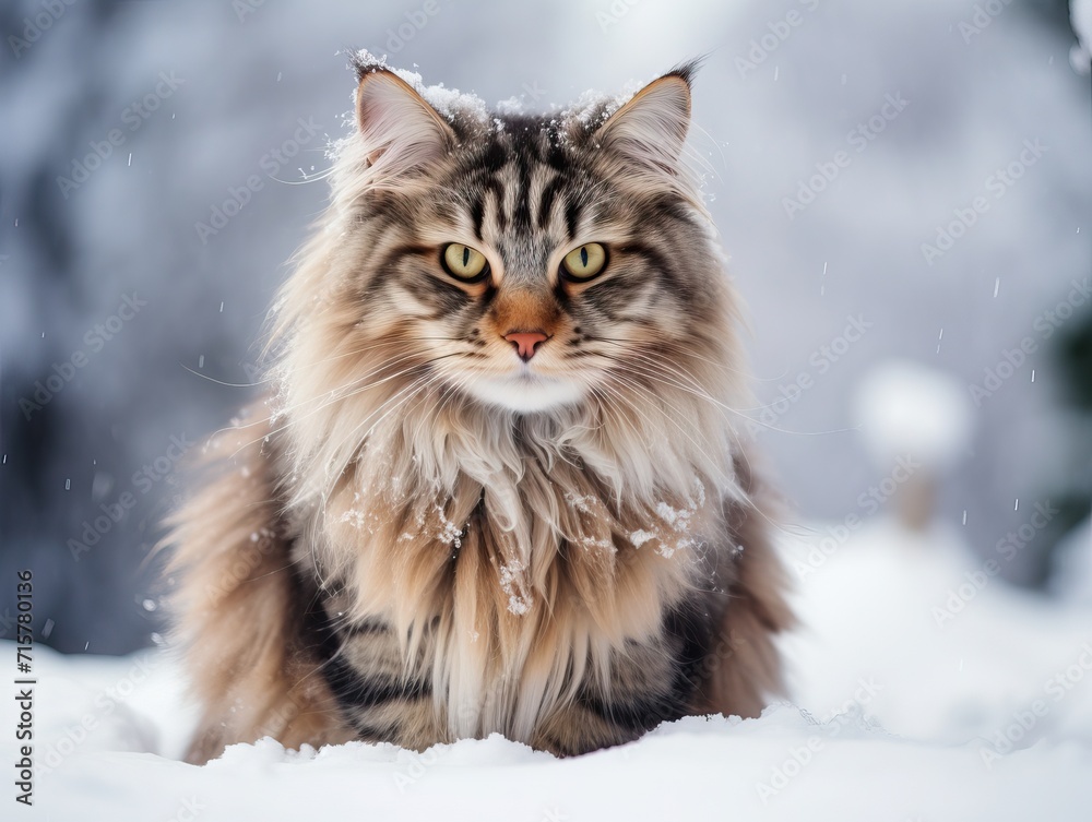 Winter Day Cat: Gray Fluffy Feline in Snow