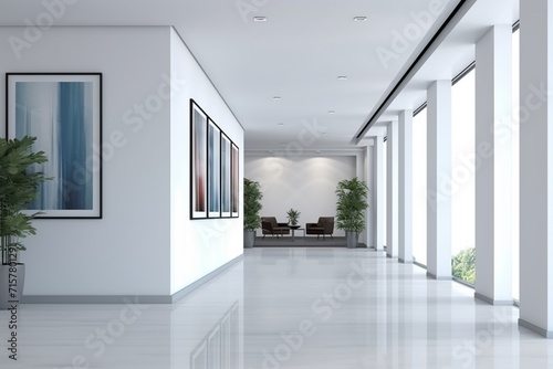 Elegant modern office corridor or hallway interior with an empty space over the white wall and the meeting room, creating an inspiring and luxurious environment