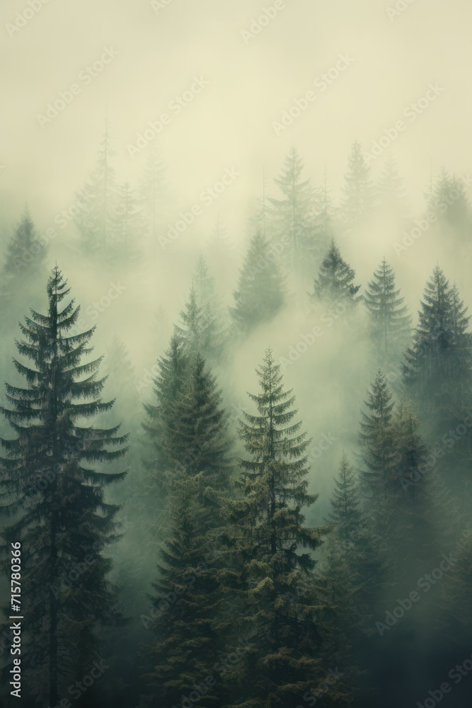 Foggy forest with dark trees. Vintage background.