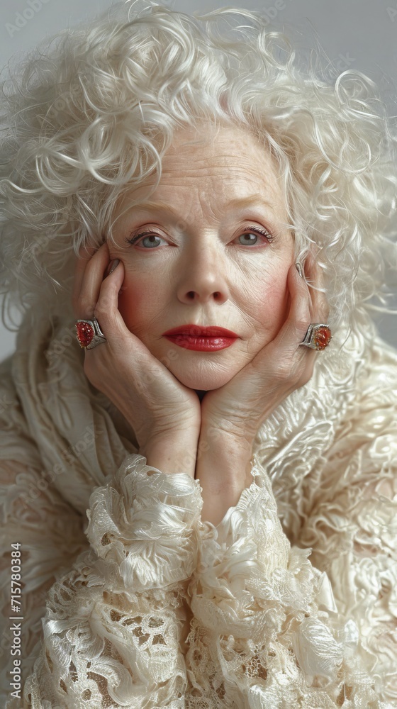 Portrait of an 80-year-old woman with makeup, blonde with curls. He hugs his face with his hands. Rings on the fingers. Close-up, white background.
Concept: cover, wallpaper, gray hair, Shabby chic st