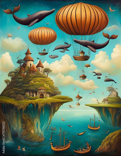 A surreal dreamscape with floating islands and flying whales, whimsical, fantastical. AI Generativ