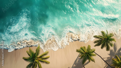 Serenity Unveiled: Aerial View of a Pristine Beach with Turquoise Waters and Golden Sands - Perfect for Travel Blogs, Vacation Brochures, and Concept of Tranquility © Jose