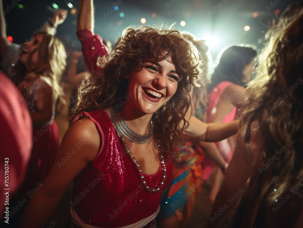 Obraz premium Escena de disco vintage de los años 70, jóvenes bailando en la discoteca