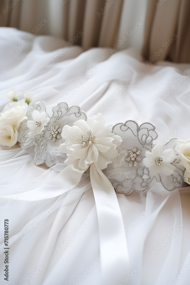 White bridal garter on a bed