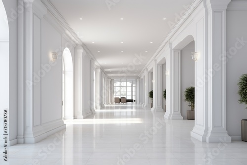 Elegant modern office corridor or hallway interior with an empty space over the white wall and the meeting room  creating an inspiring and luxurious environment