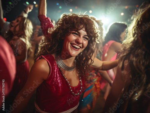 Escena de disco vintage de los años 70, jóvenes bailando en la discoteca
