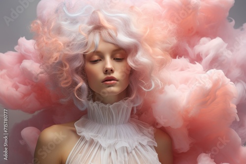 Dreamy portrait of woman with pink cloud like hair, soft pastel colors