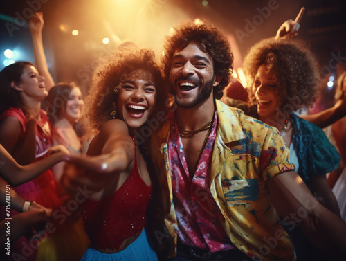 Escena de disco vintage de los años 70, jóvenes bailando en la discoteca