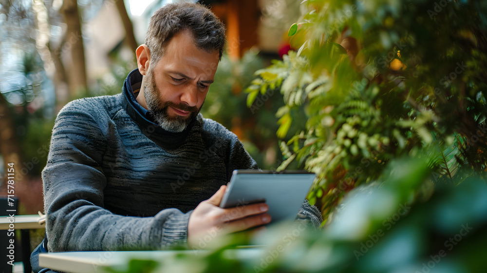 Obraz premium Urban Oasis: Tablet User in a Green Cafe
