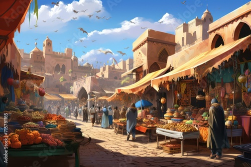 oriental market with many people. digital painting. photo